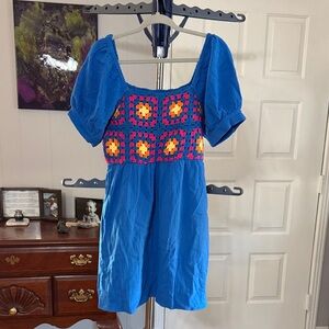 JODIFL Blue Dress with Multicolor Crochet Accents